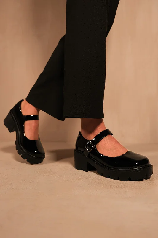 Youthful Style RYLEE CHUNKY PLATFORM BLOCK HEEL RETRO SHOES IN BLACK PATENT