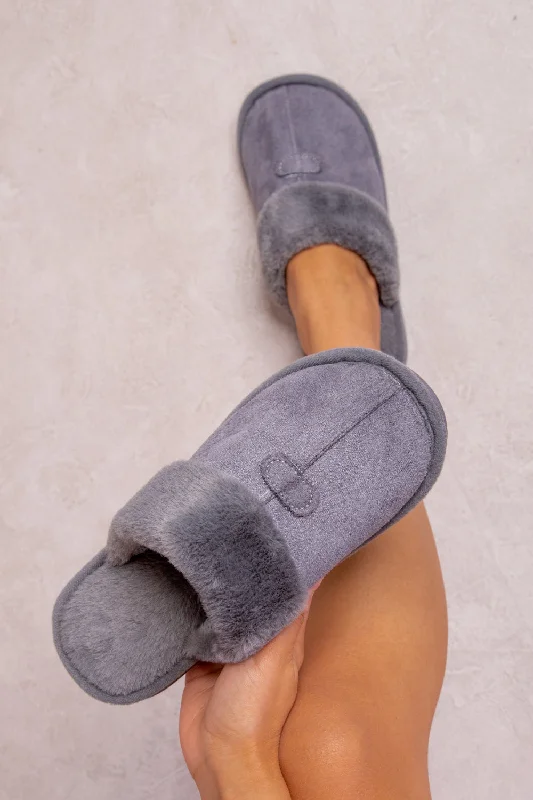 Fashion Design FELICITY SLIP ON TEDDY FAUX FUR LINED SLIPPERS IN GREY SUEDE