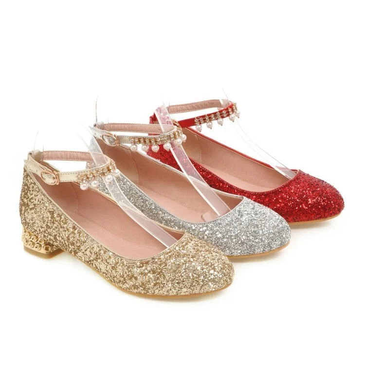 Fashion Selection Women's Sparkling Sequins Pearls Shallow Ankle Strap Flat Pumps