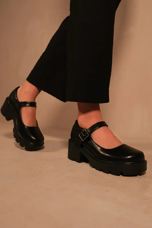 Design Trend RYLEE CHUNKY PLATFORM BLOCK HEEL RETRO SHOES IN BLACK FAUX LEATHER