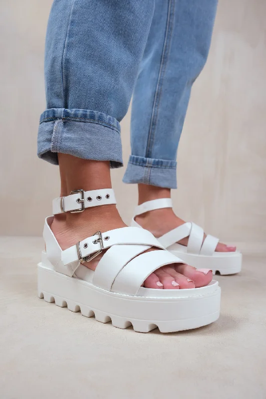 Integrated Design LAYLA BUCKLE STRAP PLATFORM SANDALS IN WHITE FAUX LEATHER